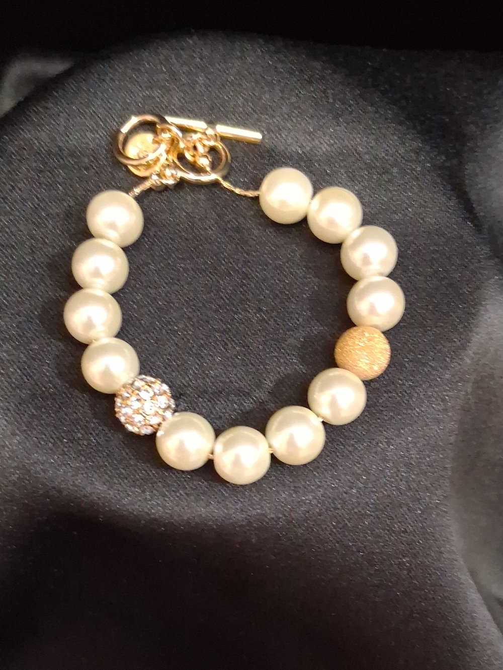 Vintage Faux Pearl Beaded Bracelet - Gold Accent Crystal Pavé